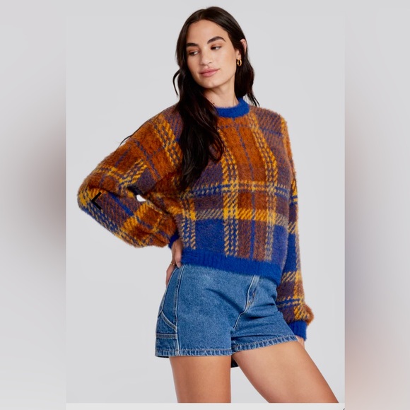 RVCA Fuzzy Plaid Long Sleeve Crewneck Fuzzy Sweater, Size Small - Picture 7 of 14